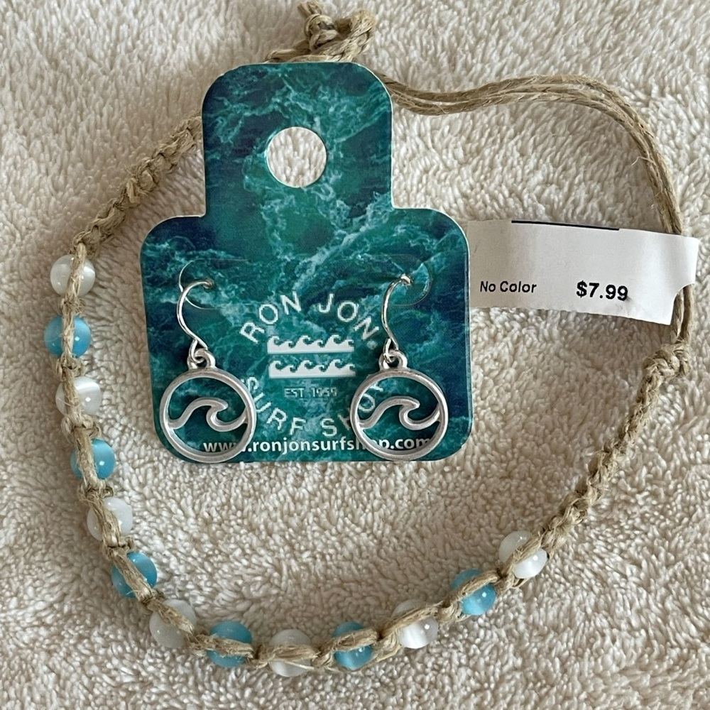 Bundle deal/Surfer blue white bead Anklet and wave earrings.